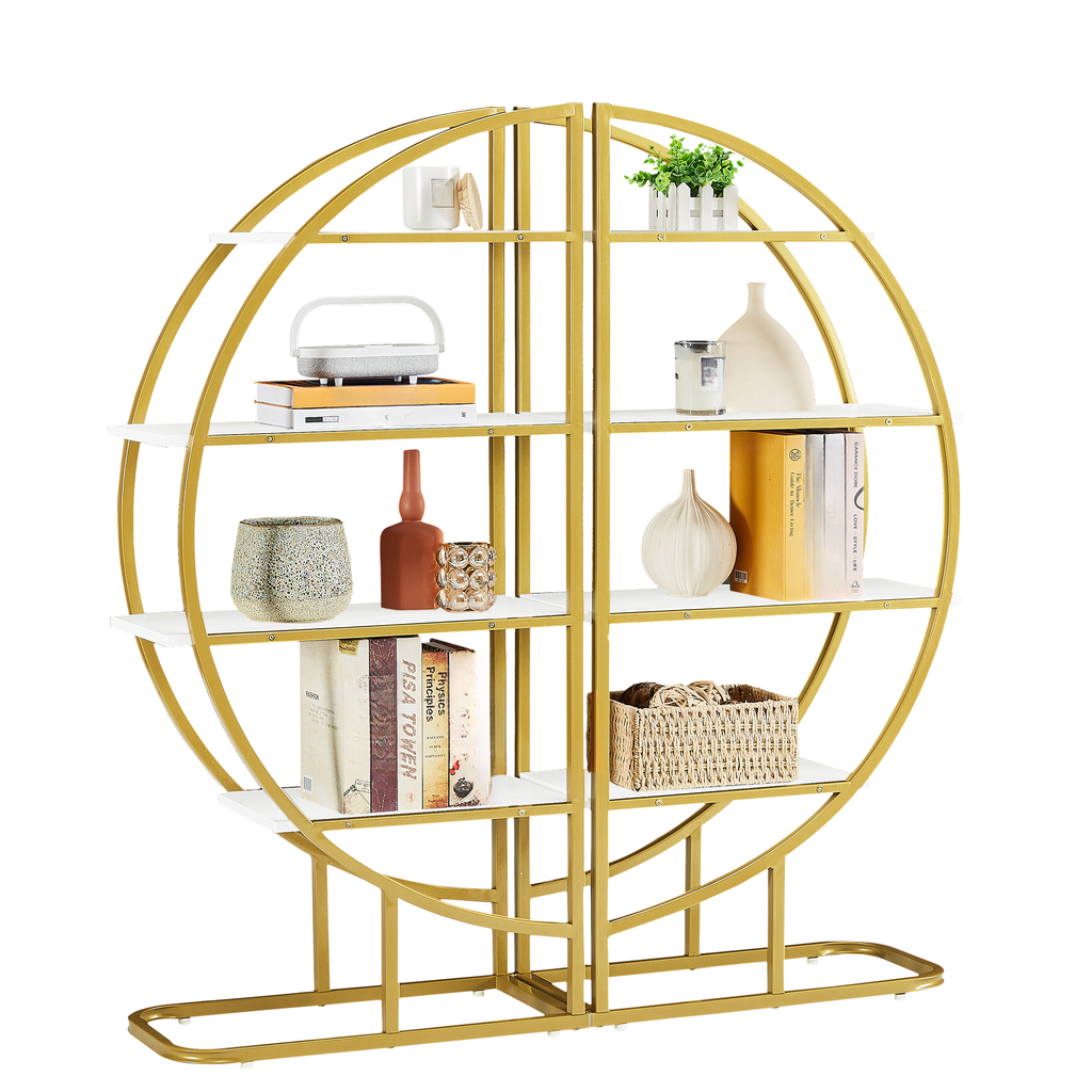 Round gold metal bookshelf with white shelves displaying decor