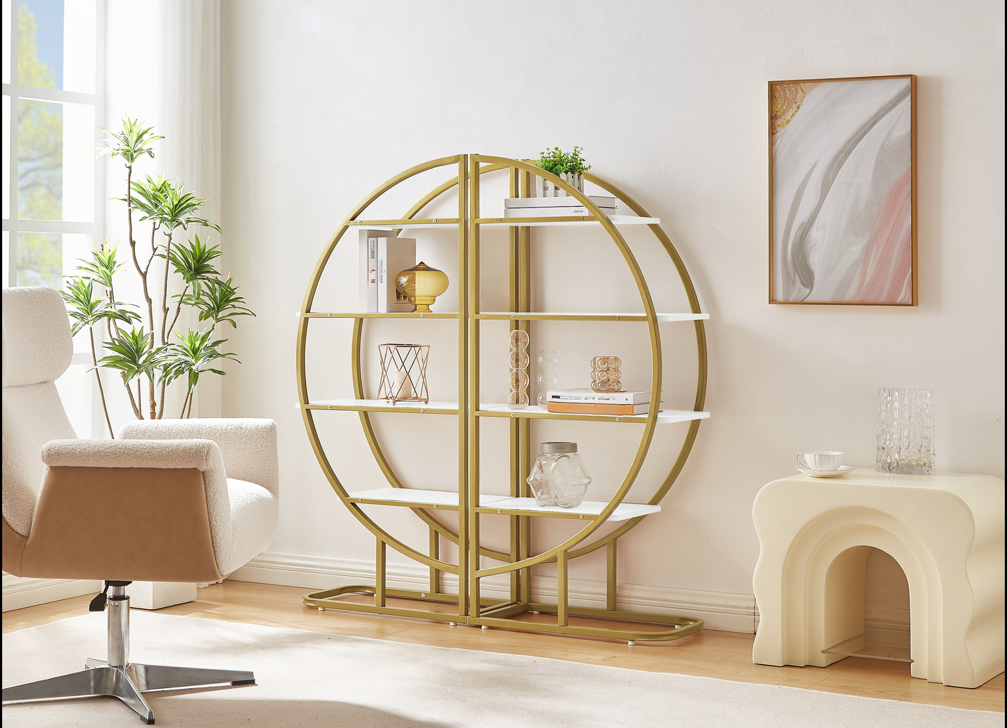 Gold circular bookshelf with white shelves and decor