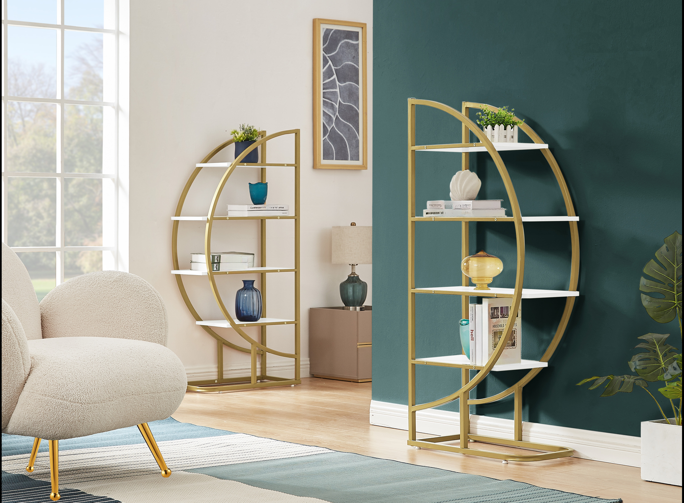 Gold and white halfmoon bookshelf with decorative vases and books