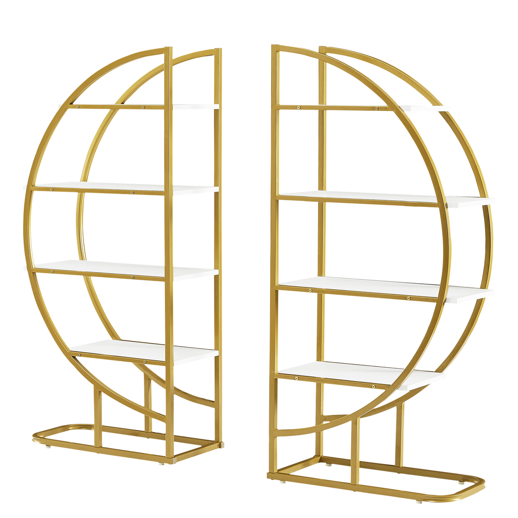 Gold metal modern shelving unit with white shelves