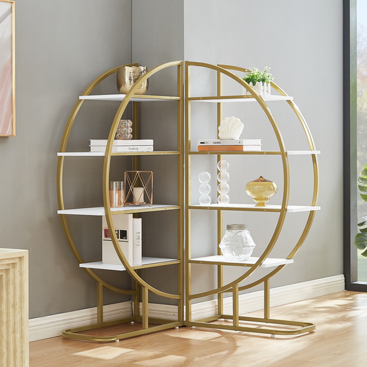 Gold circular bookshelf with white shelves holding decor and books