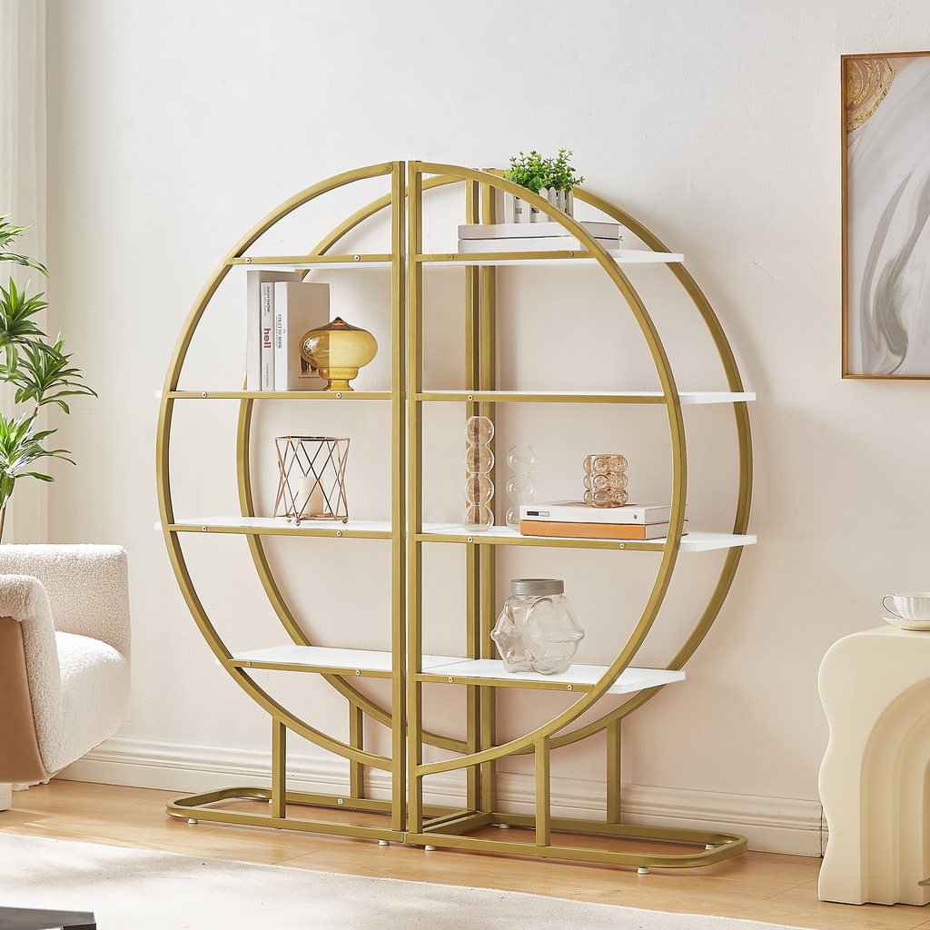 Geometric gold metal bookshelf with white shelves and decorative items