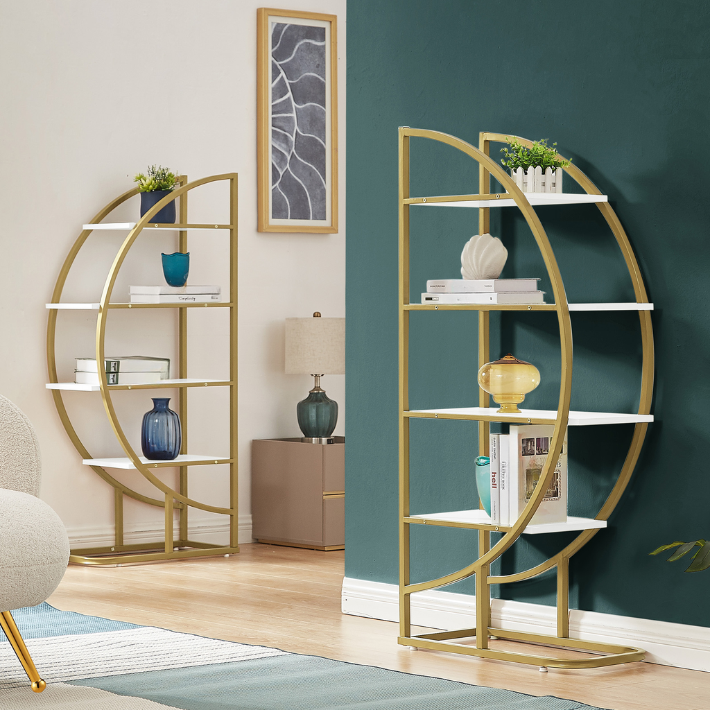 Modern gold metal Cshaped bookshelf with white shelves and decor