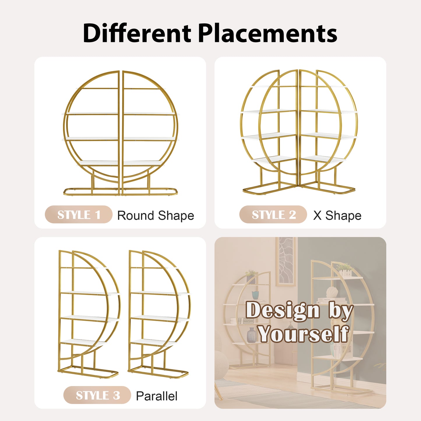 Round gold metal shelf with white shelves style