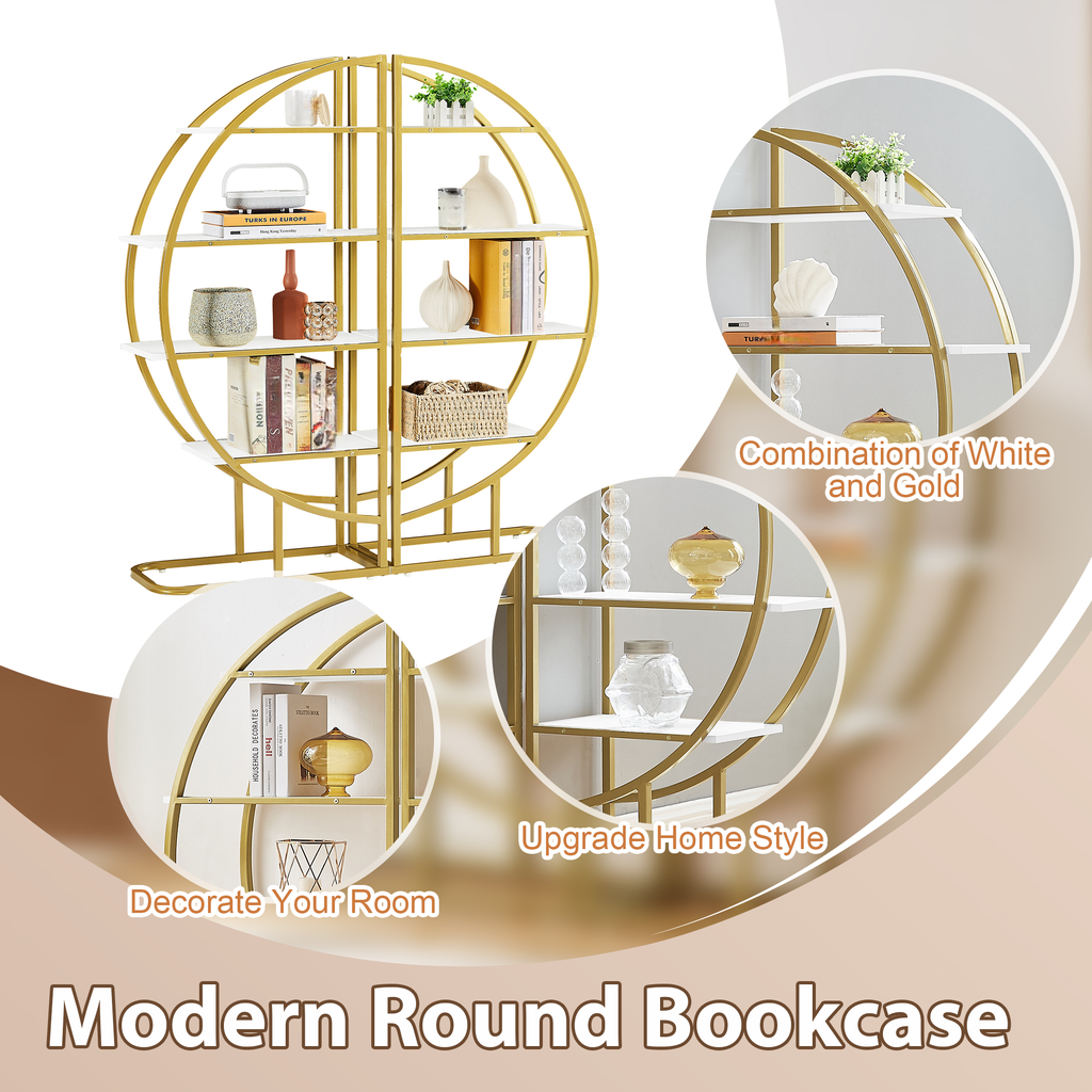 Gold metal round bookcase with white shelves displaying decor