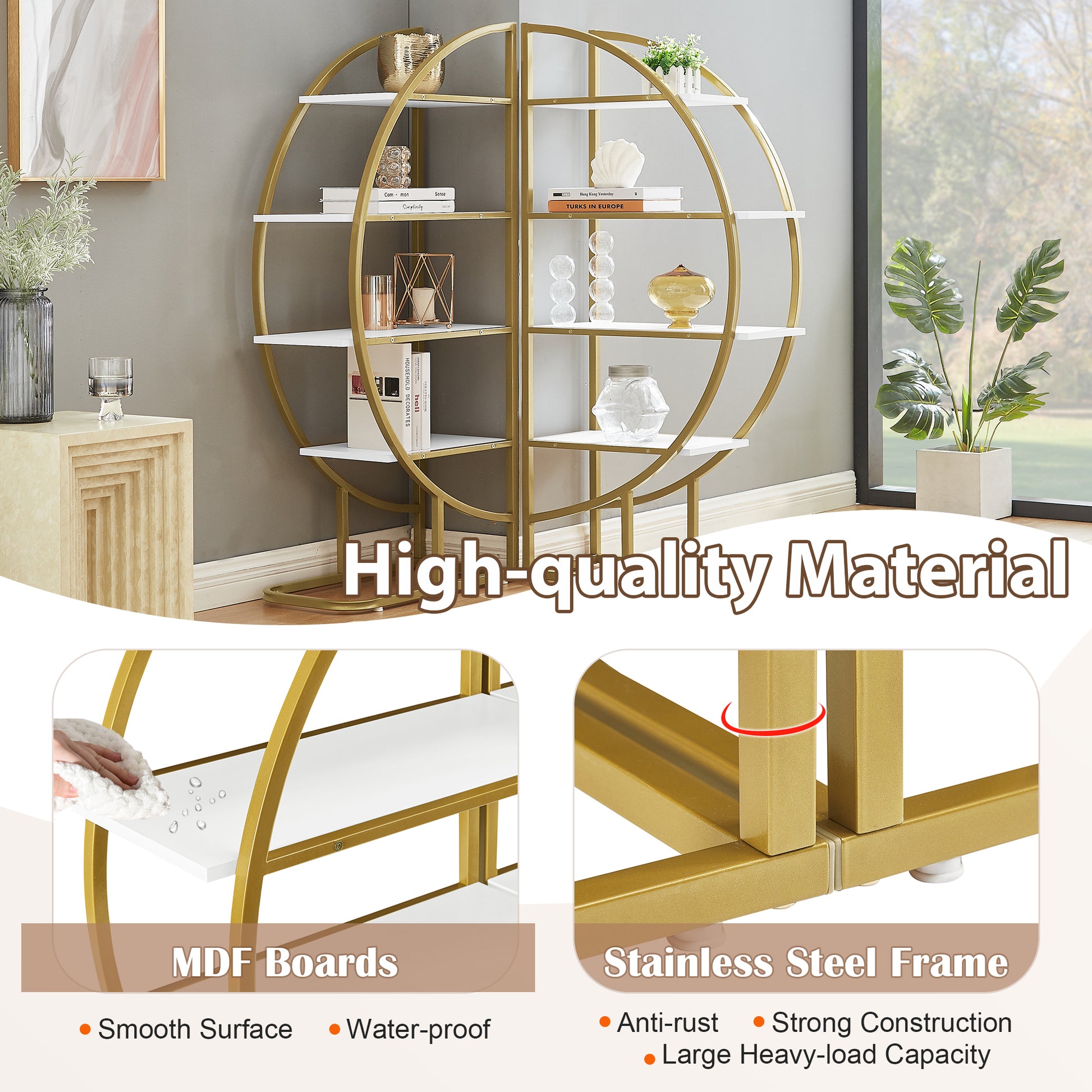 Gold circular bookshelf with white MDF shelves featuring modern minimalist decor
