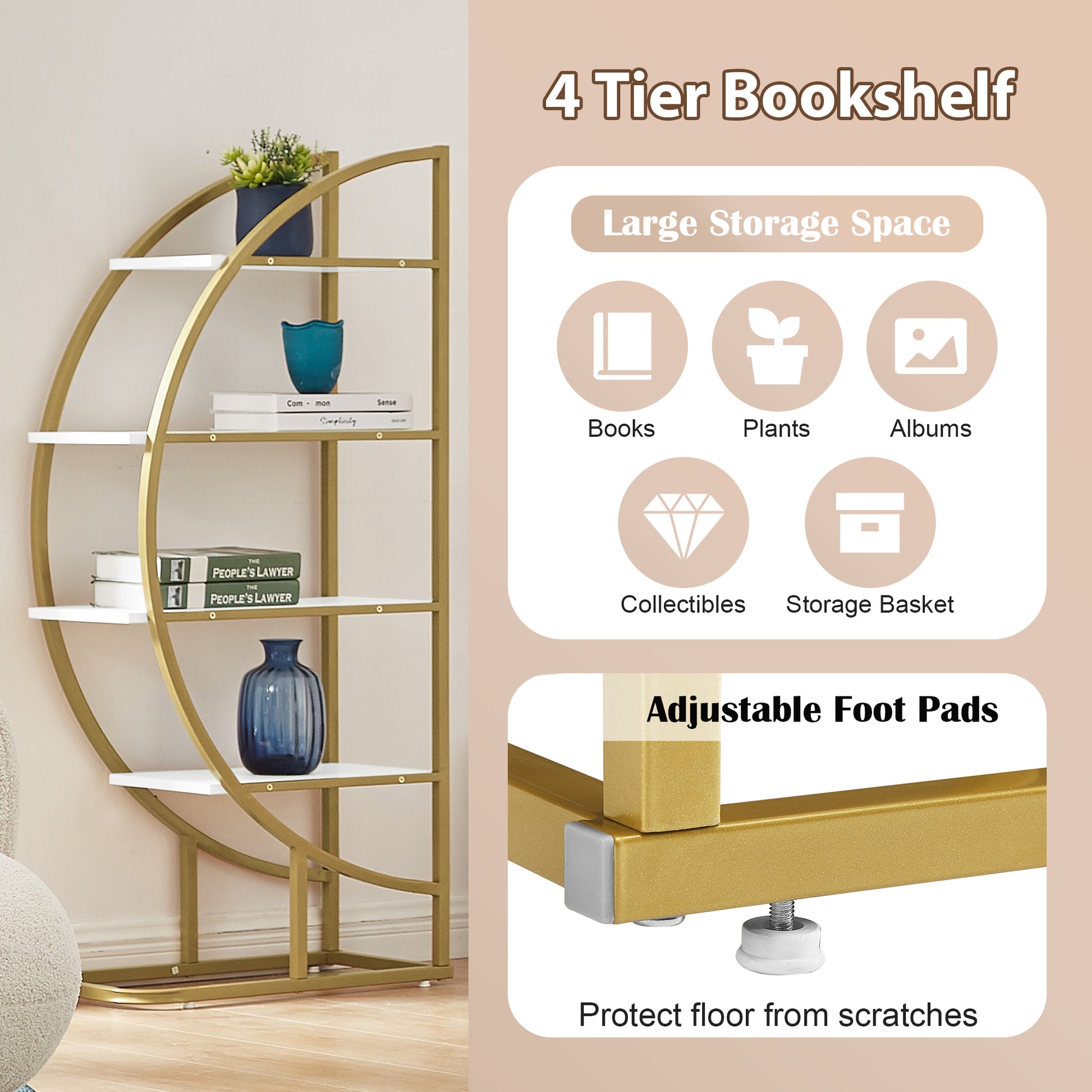 Gold metal tier bookshelf with white shelves holding books and plants
