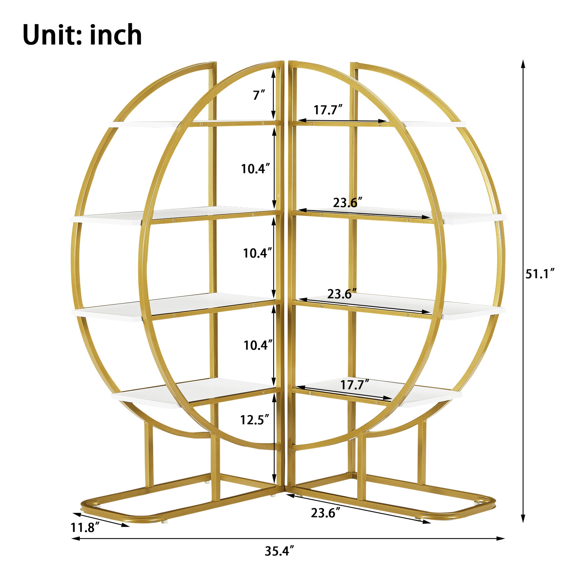 Gold metal globe bookshelf with white shelves