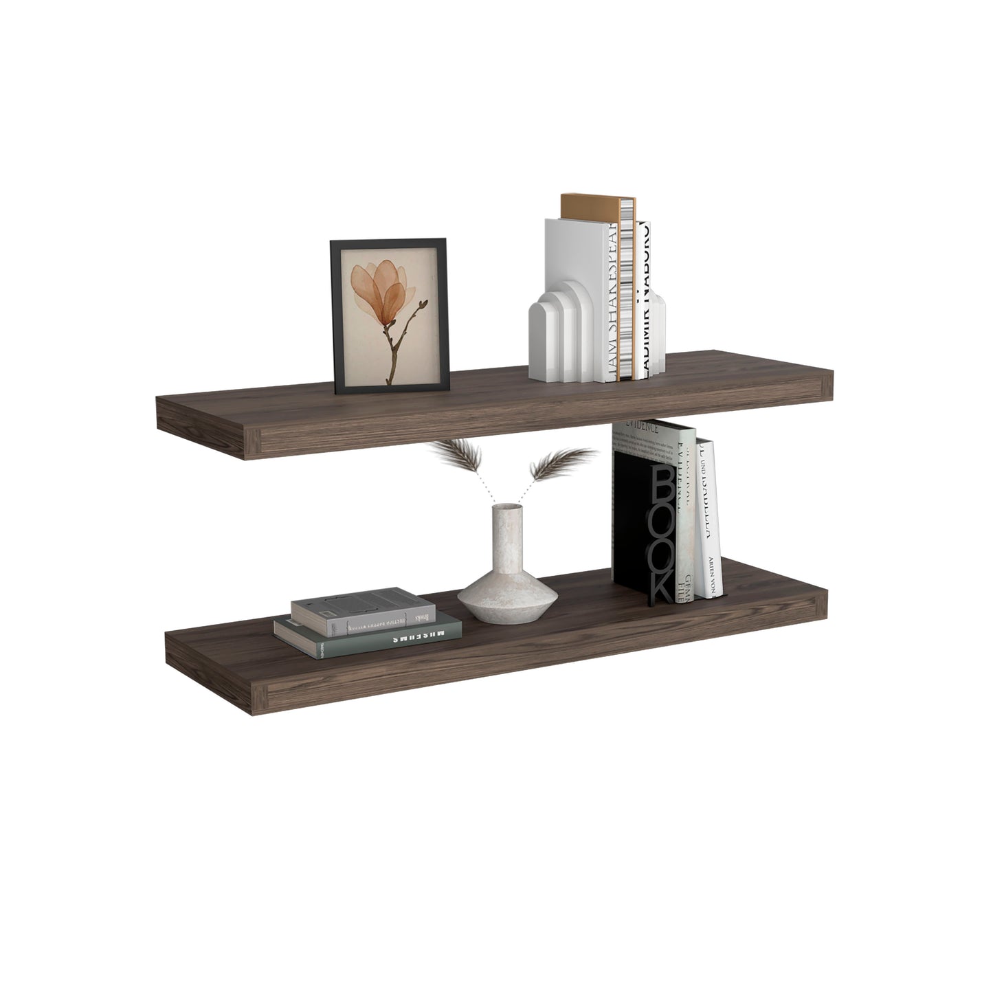 Dark wood floating shelf with framed art and books