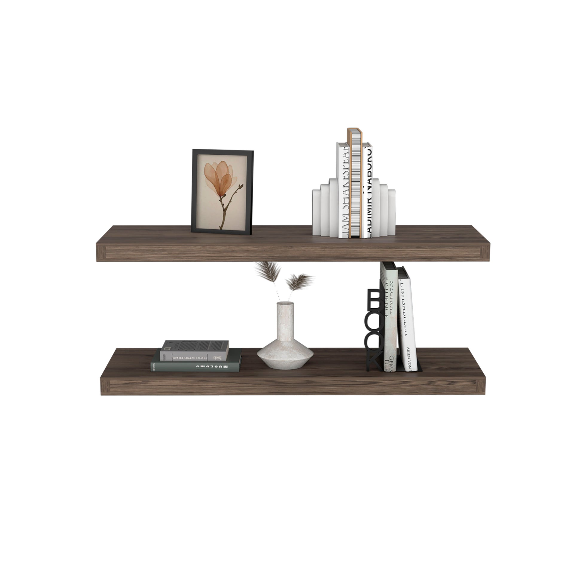 Dark wood floating shelf with framed art and books