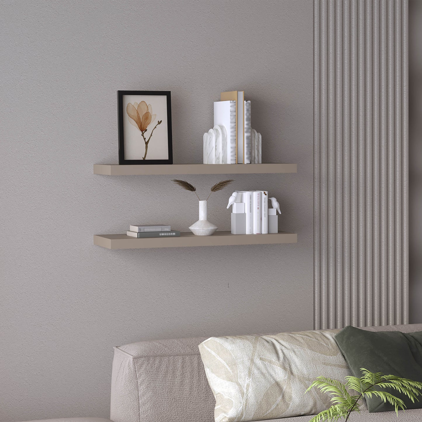 Taupe floating shelf with framed floral art and books