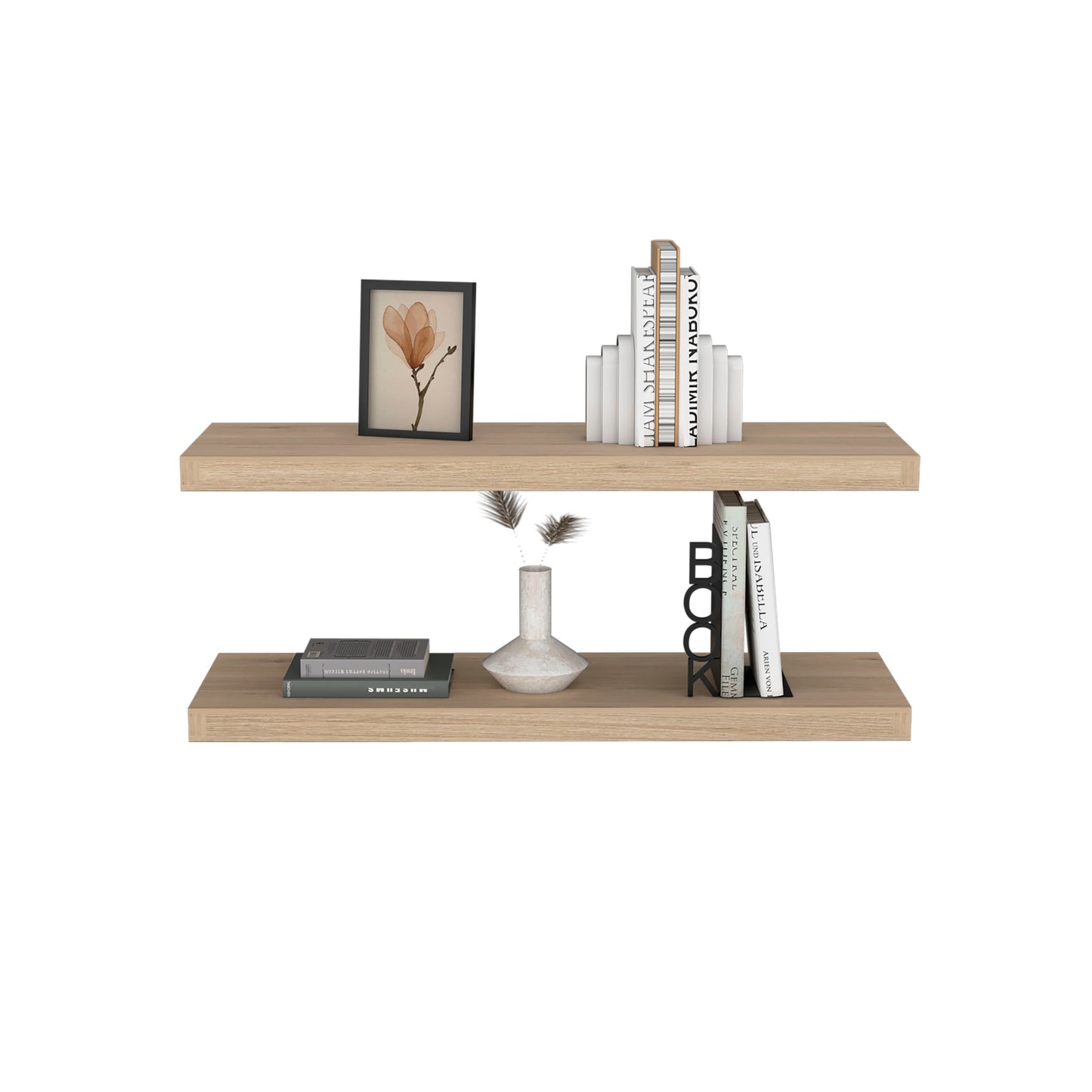 Light oak wood floating shelf with framed flower art and bookends