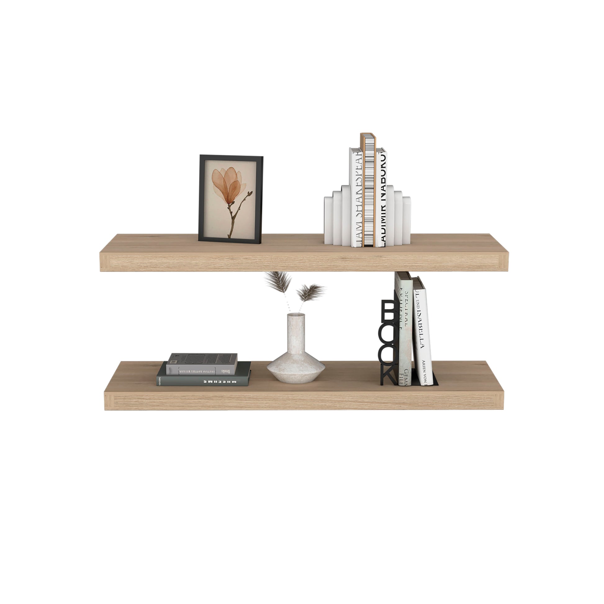 Light oak wood floating shelf with framed flower art and bookends