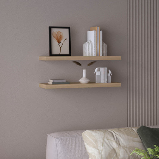 Light oak floating shelf with framed floral art and decorative bookends