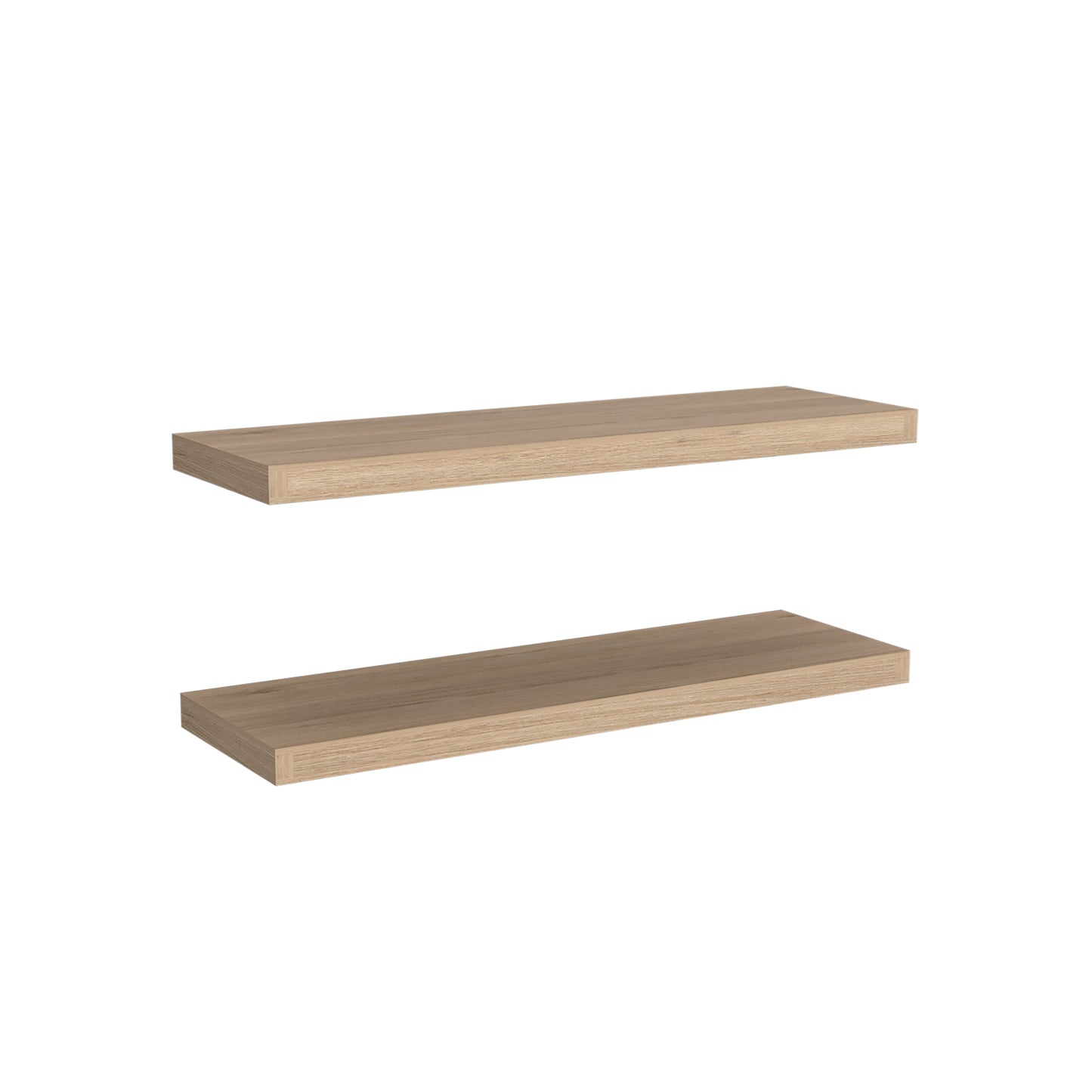 Two natural oak wood finish floating shelves on a white background
