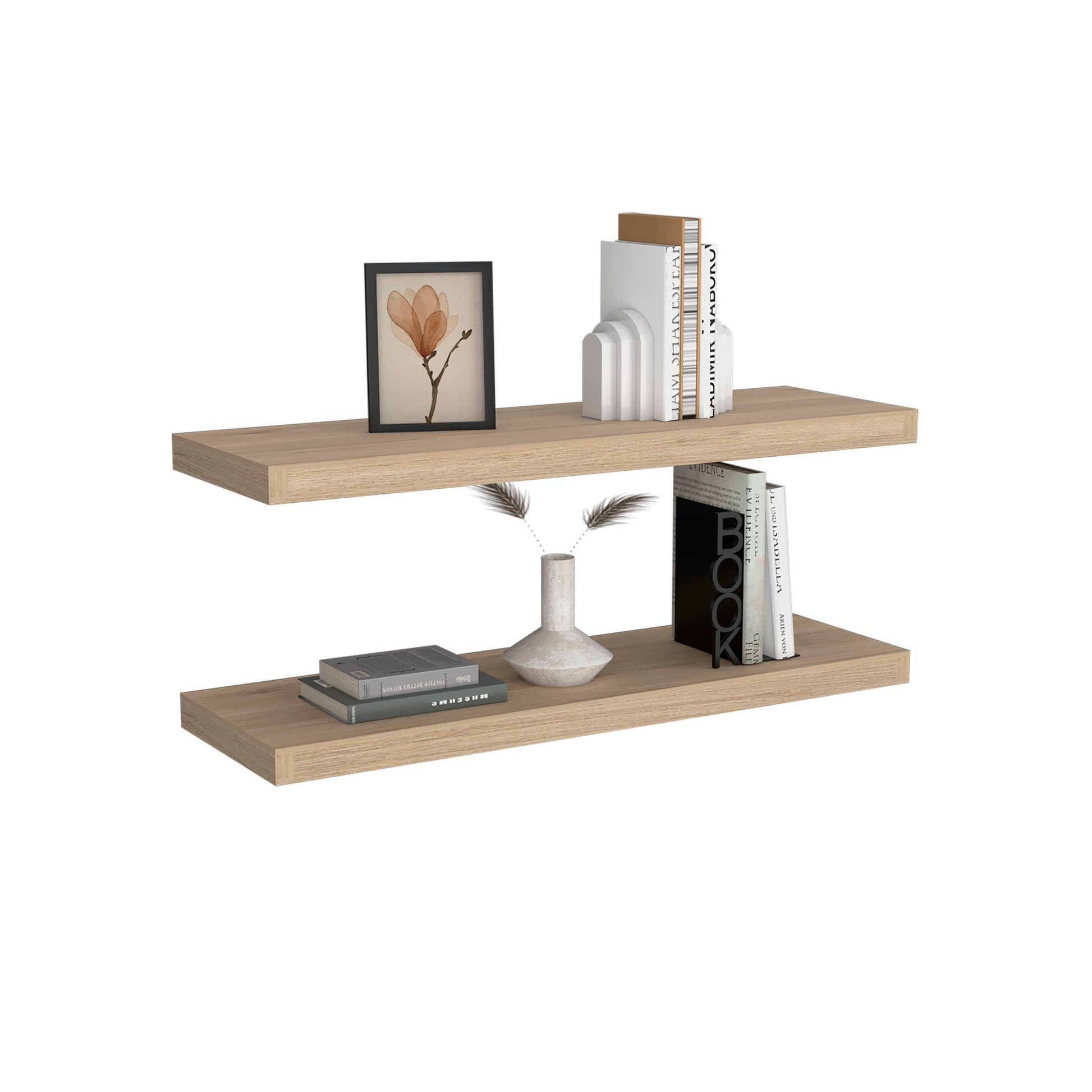 Light oak double floating shelf with books and vase