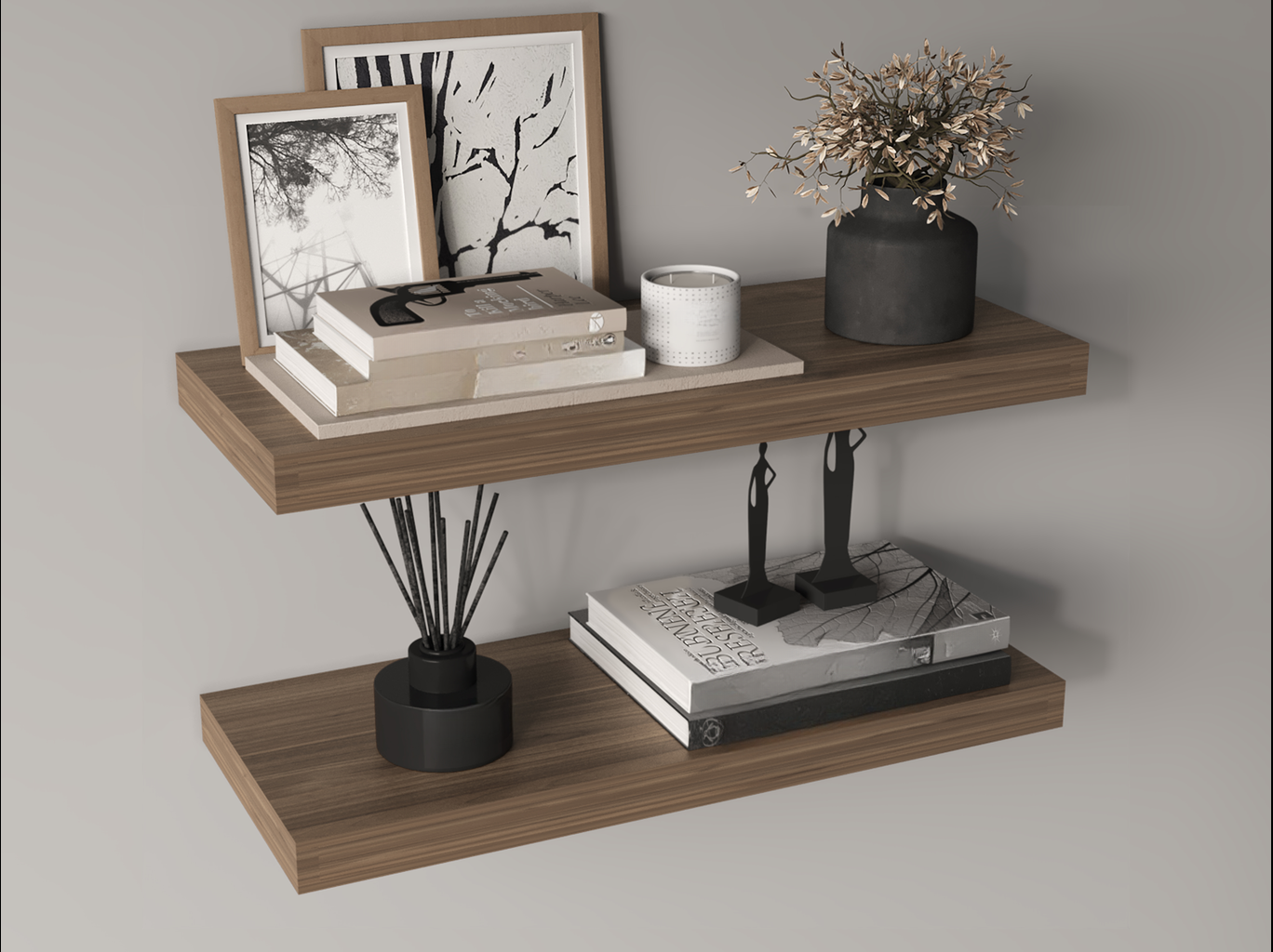 Minimalist wooden floating shelves displaying decorative items like books a candle and a vase with dried flowers