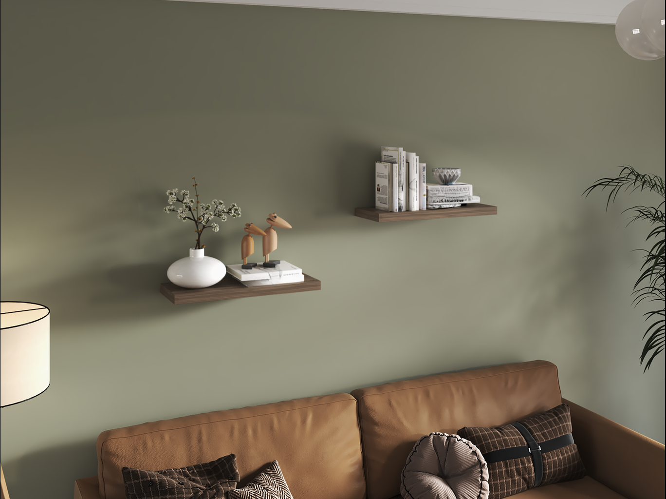 Modern walnut floating shelf with white vase and wooden birds