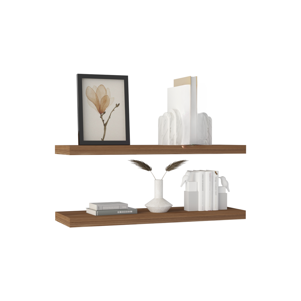 Floating walnut shelf with framed floral art and decorative bookends