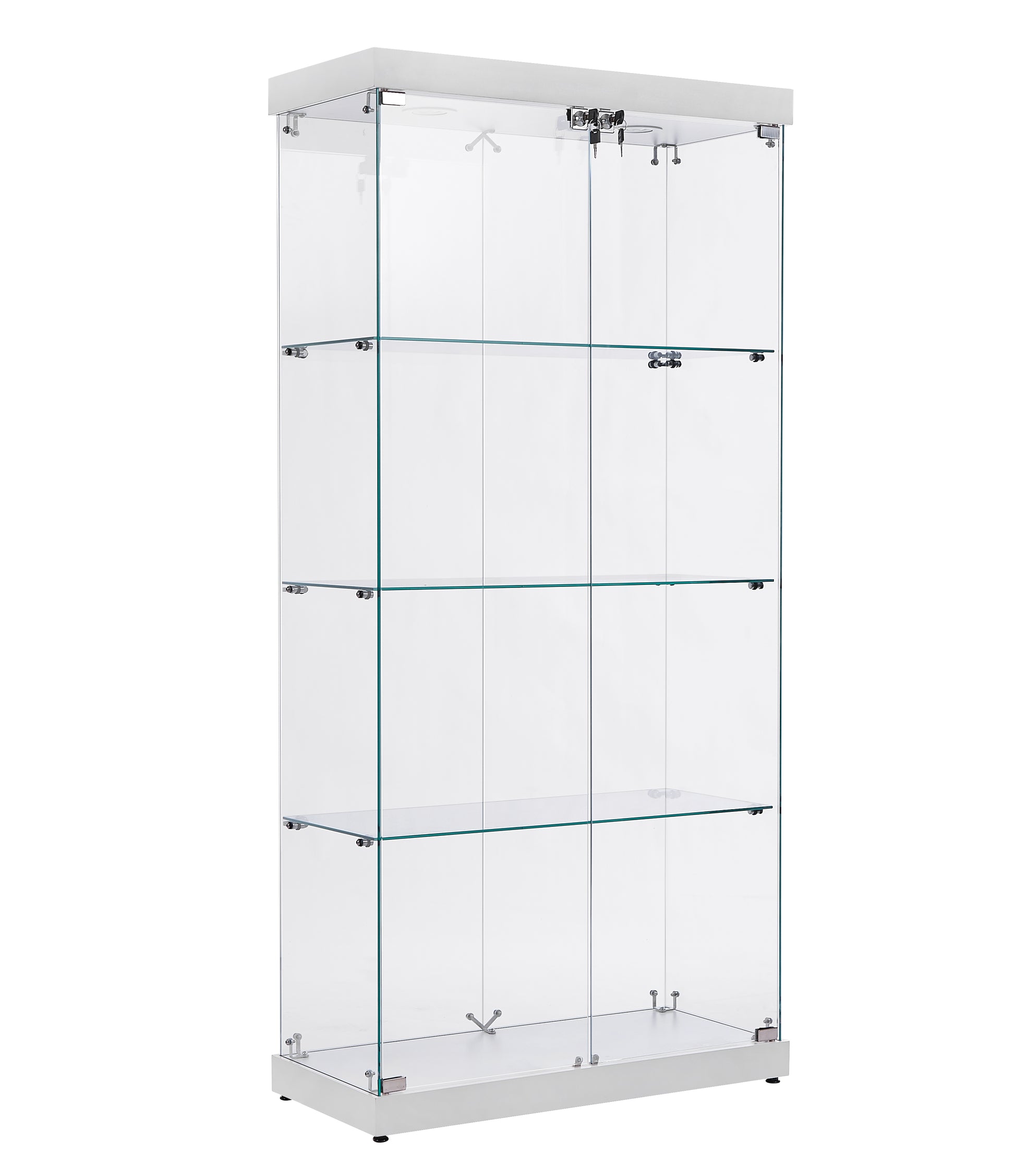 Modern glass display cabinet with four shelves and locking doors