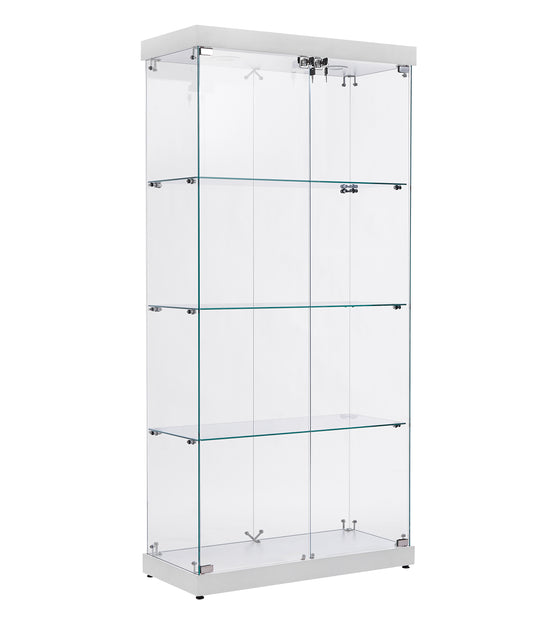 Modern glass display cabinet with four shelves and locking doors