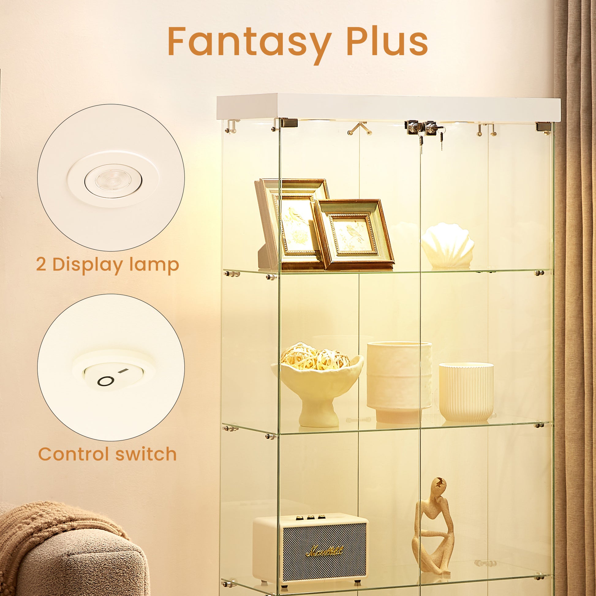 White glass display cabinet with LED lighting and lock