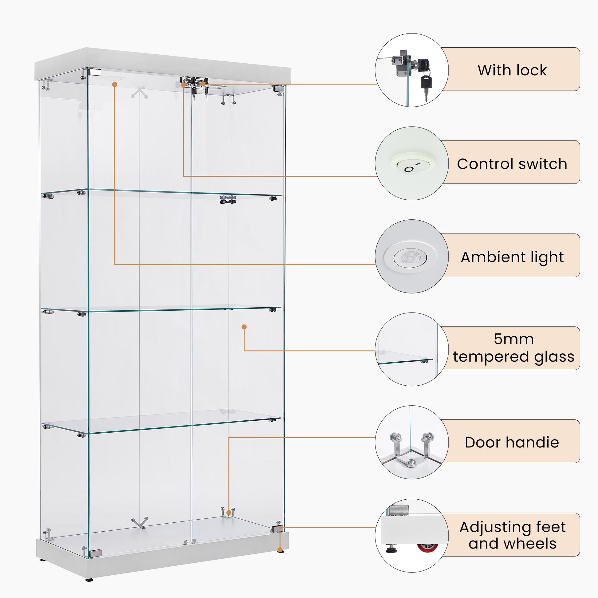 Glass display cabinet with lock and ambient light
