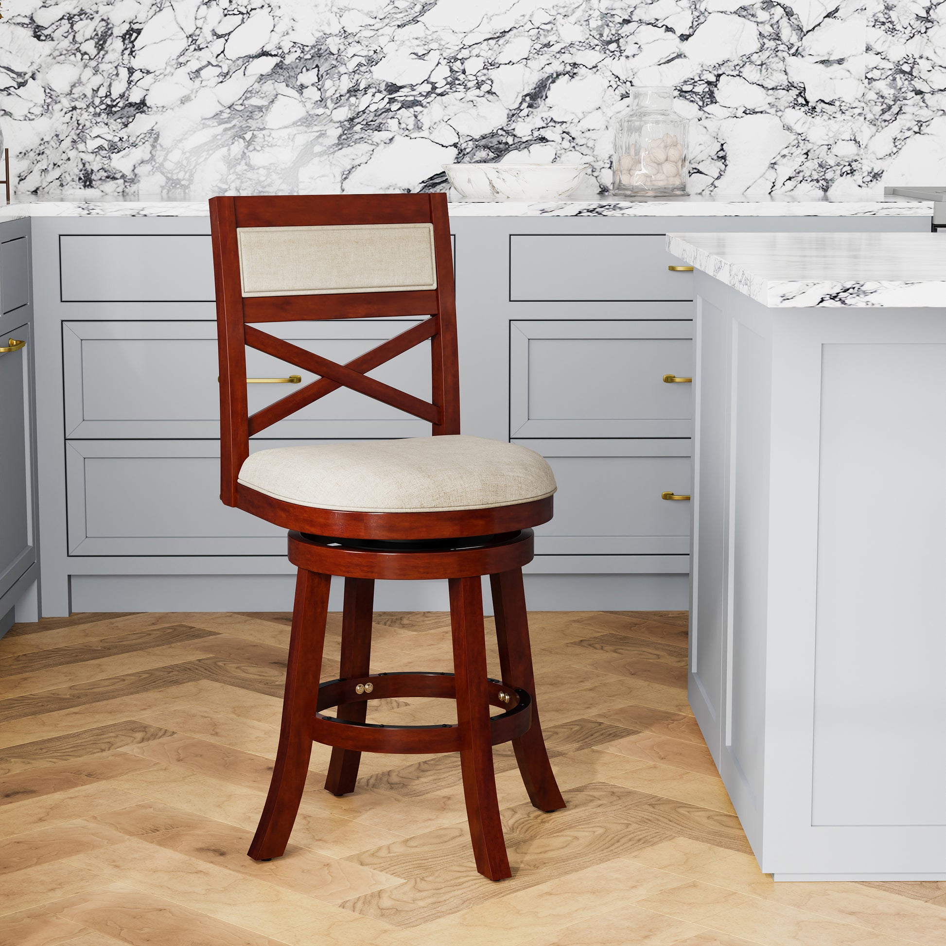 Brown swivel bar stool with cushioned seat and back