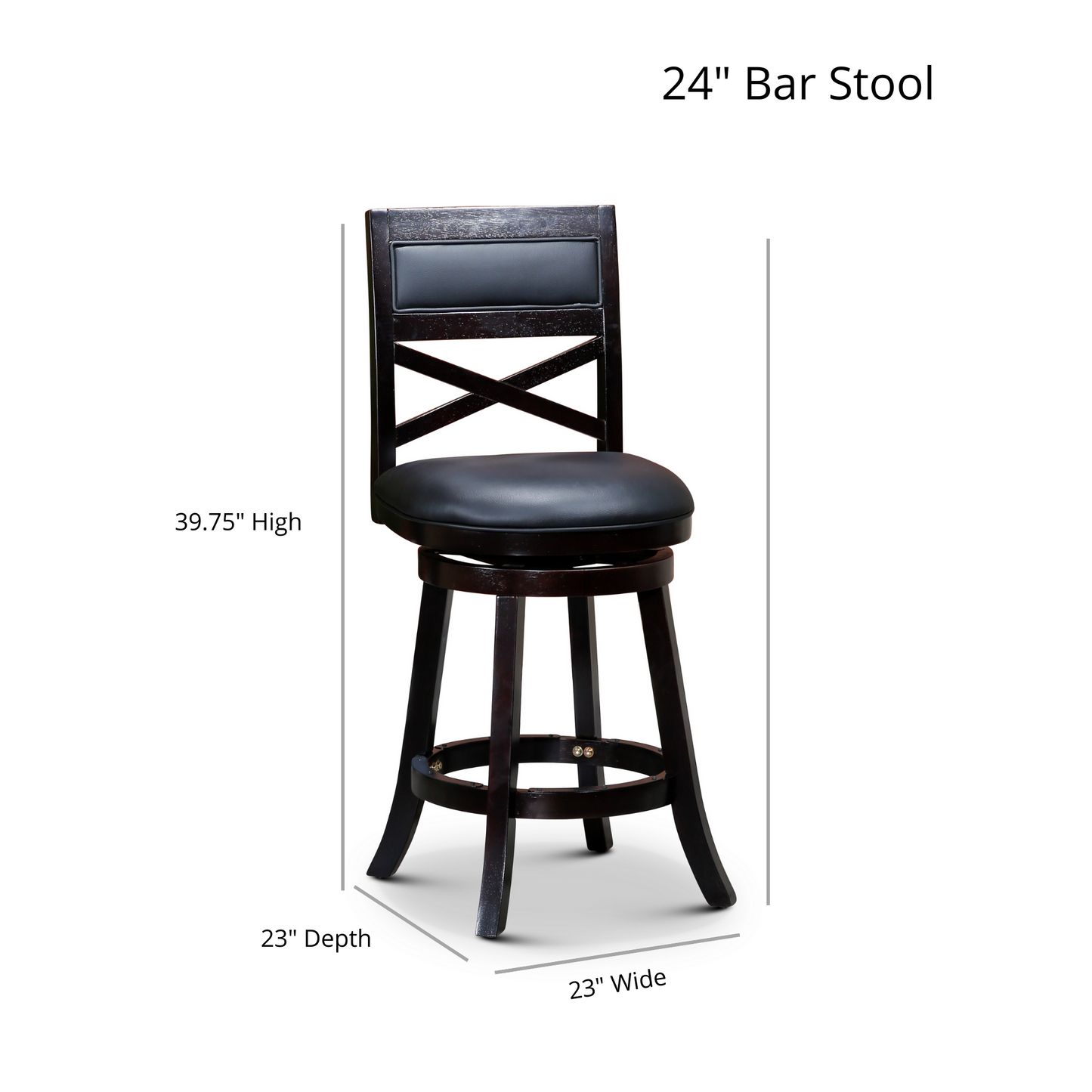 Dark wood inch bar stool with black faux leather seat and crisscross back