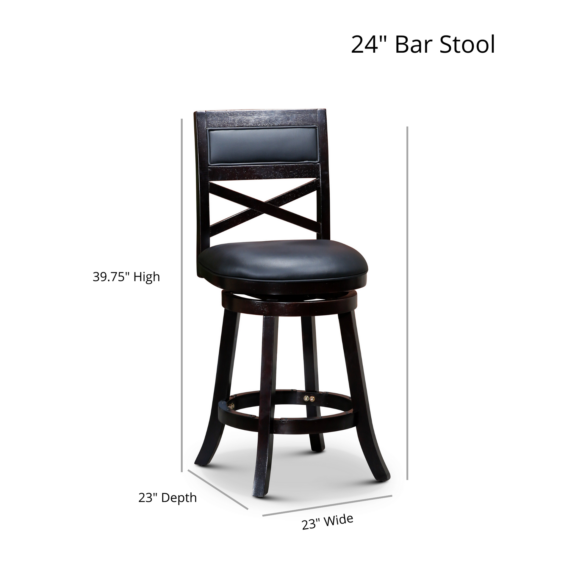 Dark wood inch bar stool with black faux leather seat and crisscross back