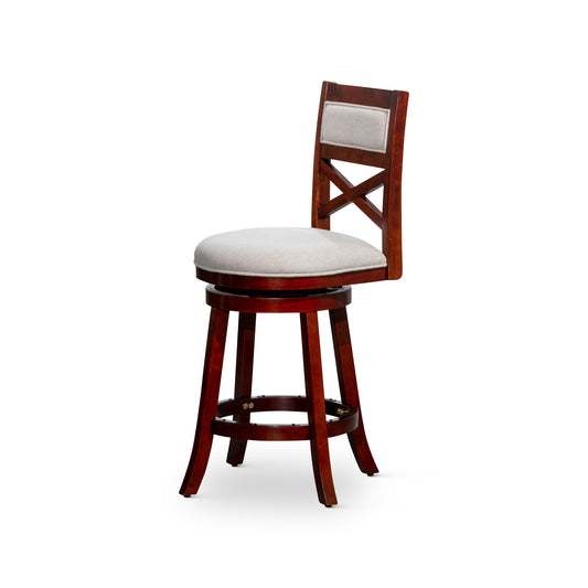 Swivel bar stool with dark cherry wood frame and light gray cushioned seat