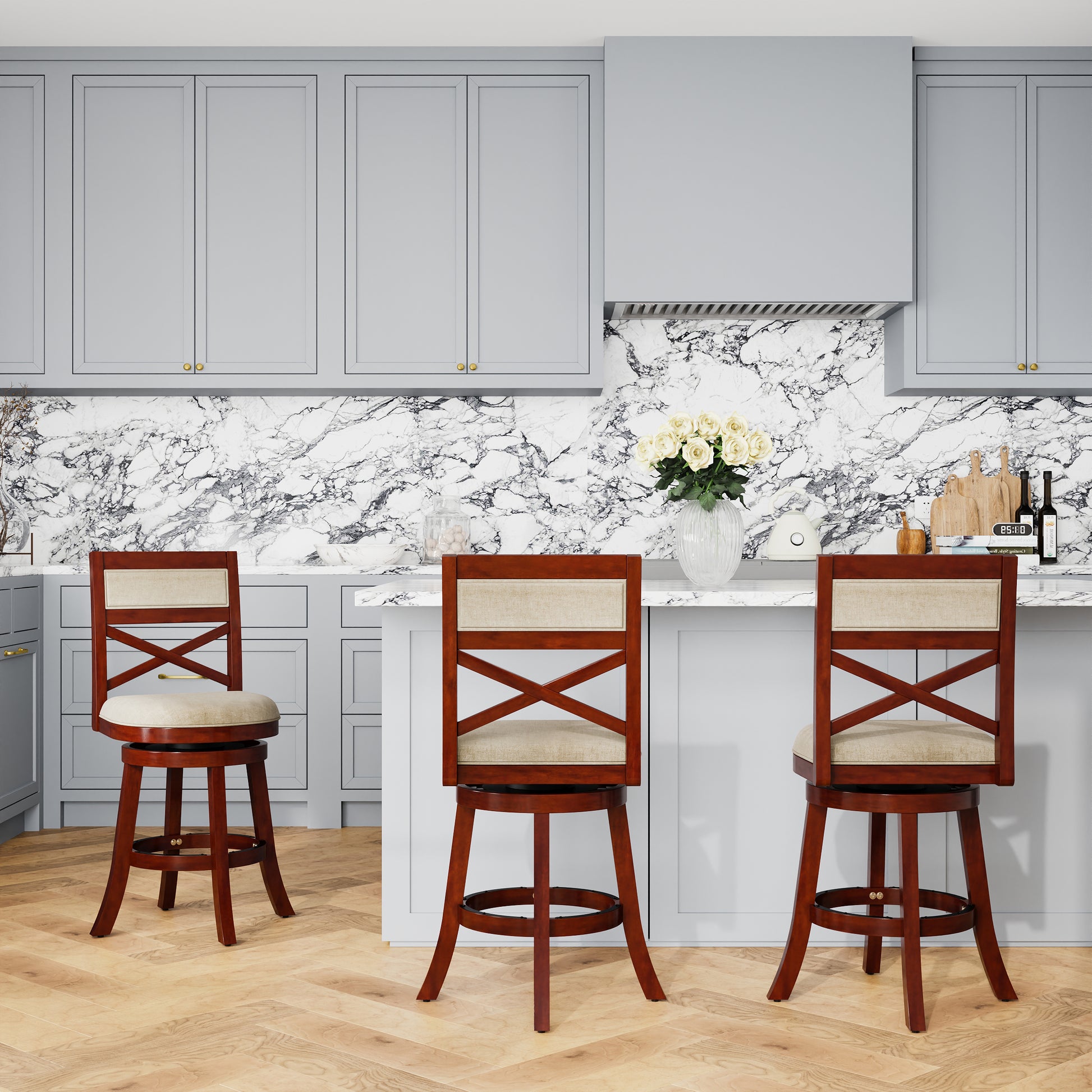 Cherry wood bar stool with upholstered seat and Xback design