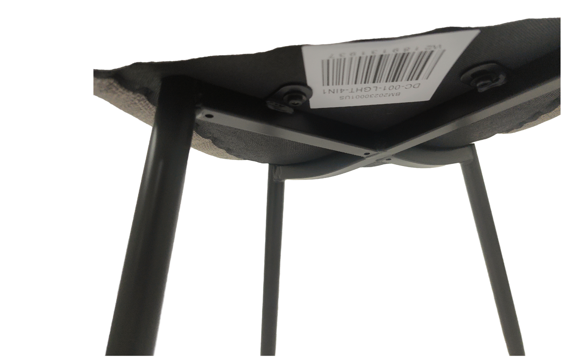 Underneath view of gray metal stool legs and fabric seat