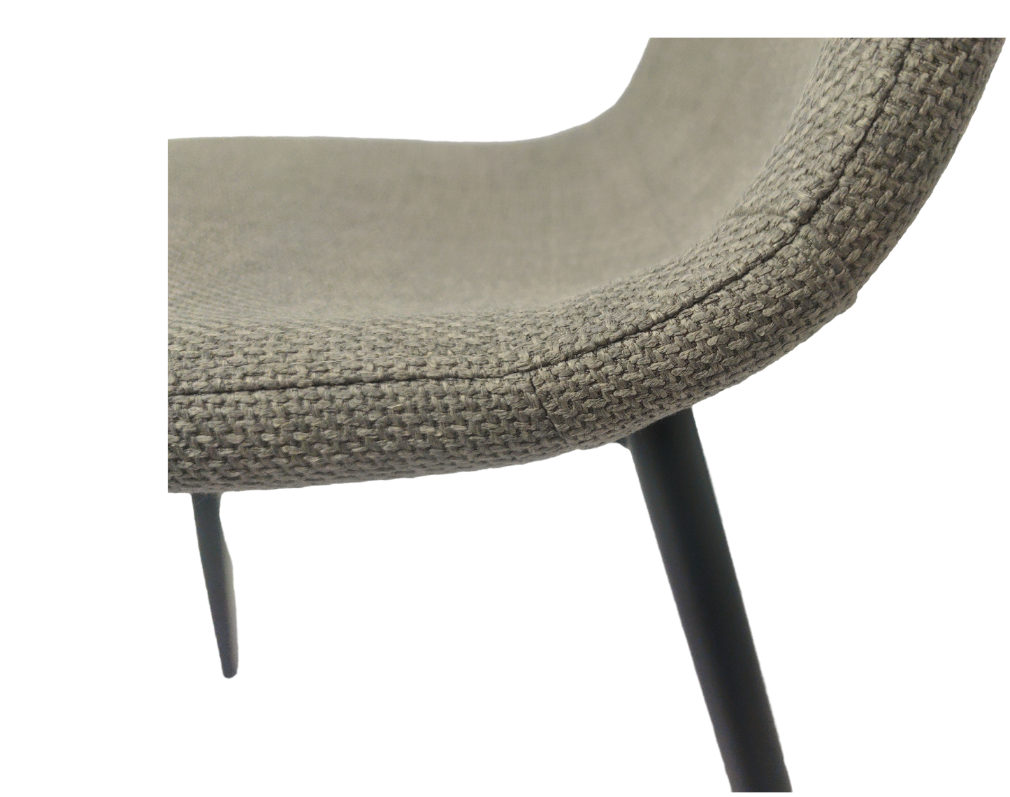 Textured grey fabric chair detail with slim black metal legs