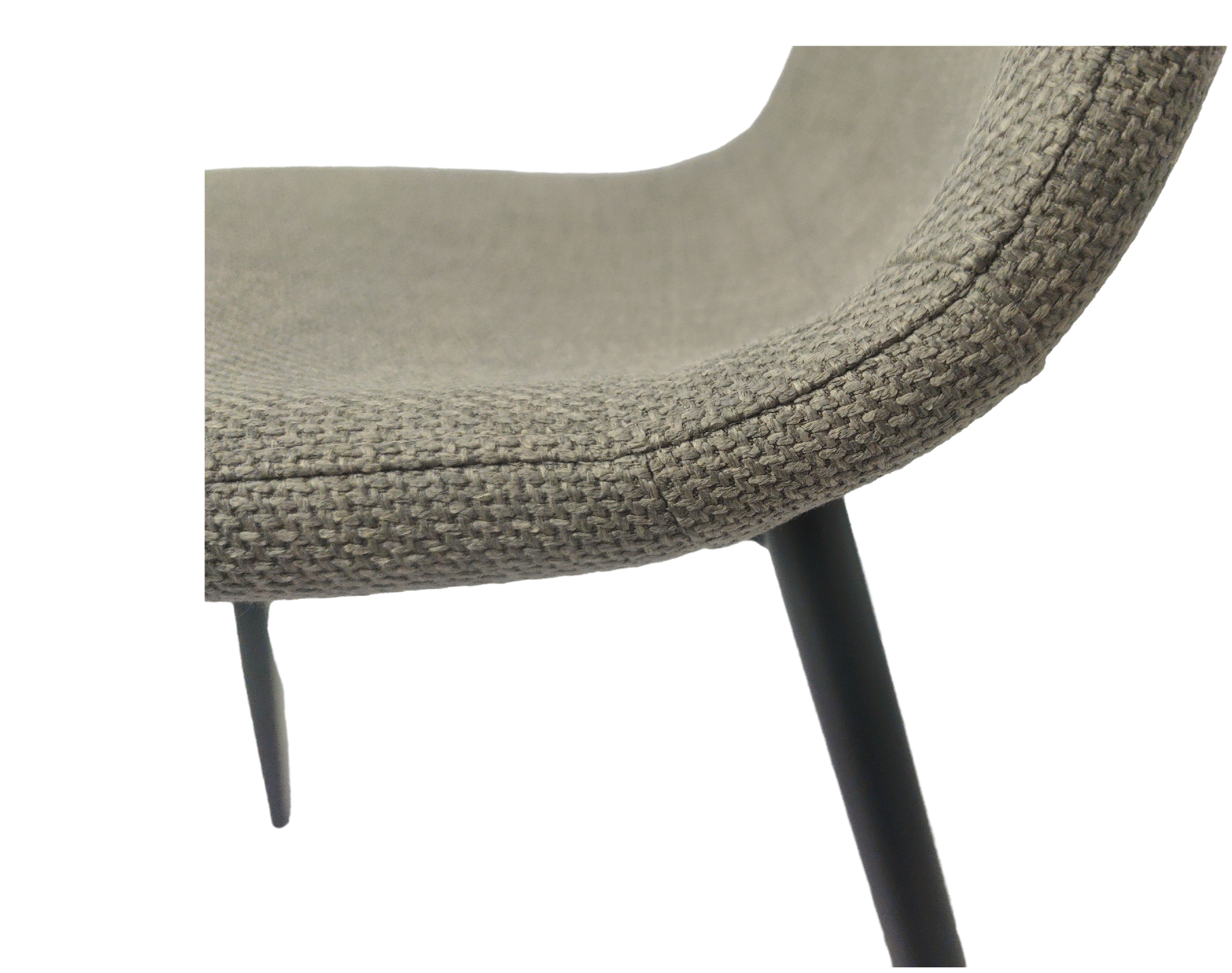Textured grey fabric chair detail with slim black metal legs