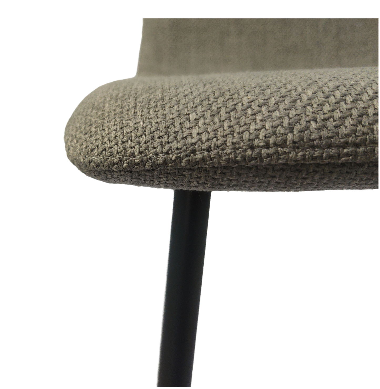 Closeup of a grey textured fabric chair seat with a black metal leg