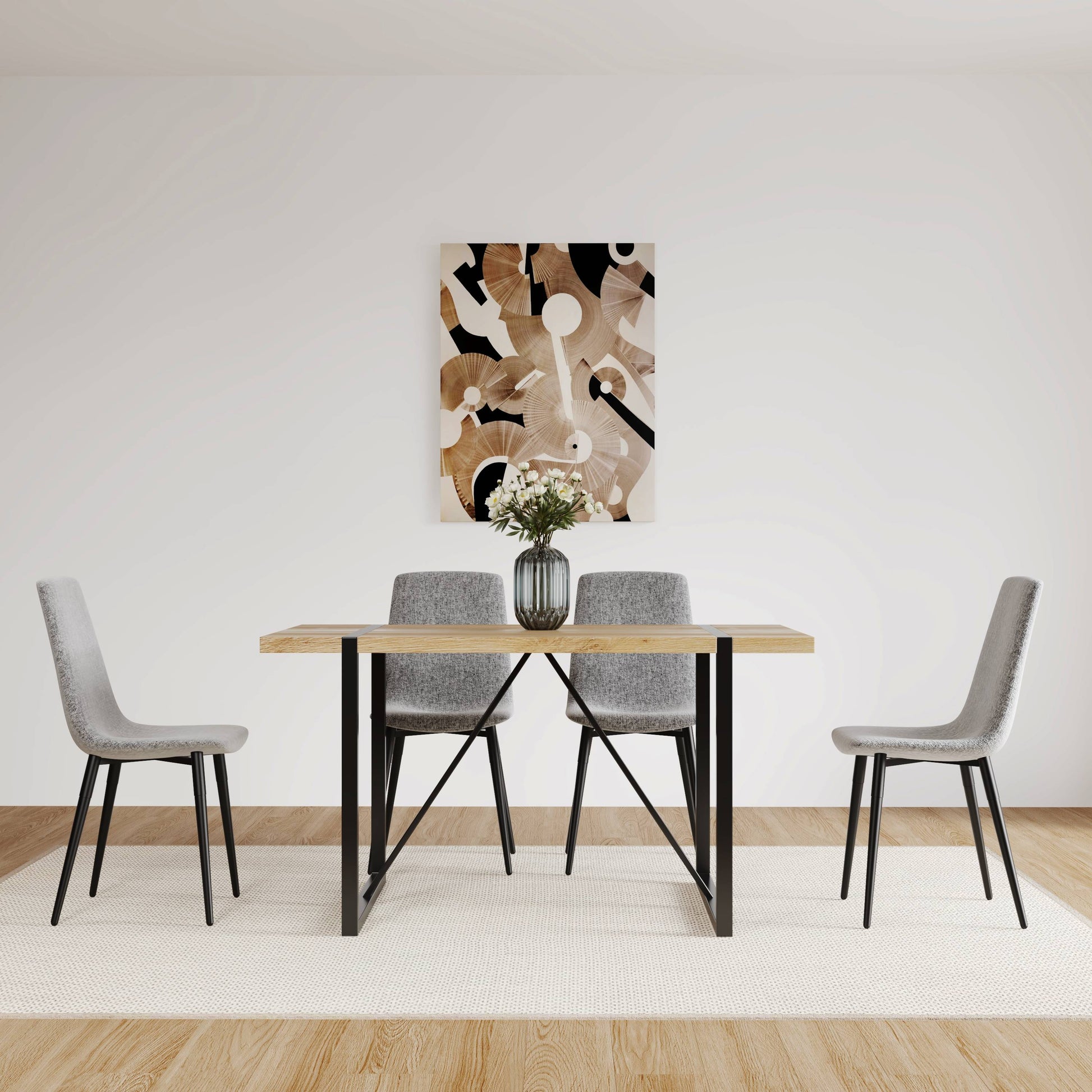 Modern grey upholstered dining chair with black metal legs
