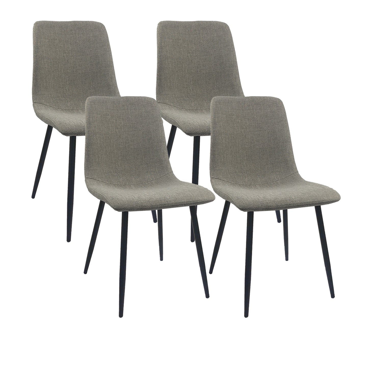 Set of four grey fabric dining chairs with black metal legs
