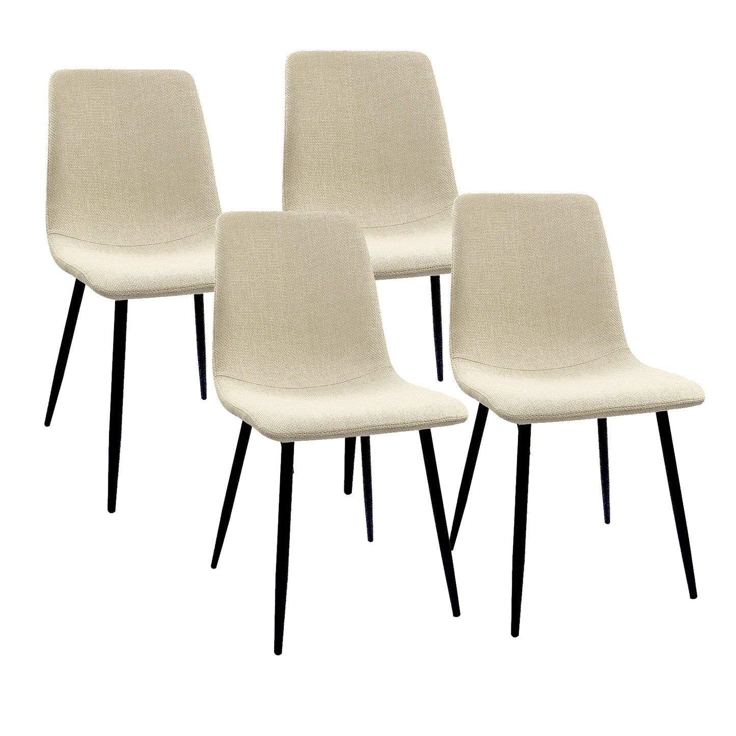 Set of four beige fabric dining chairs with sleek black metal legs