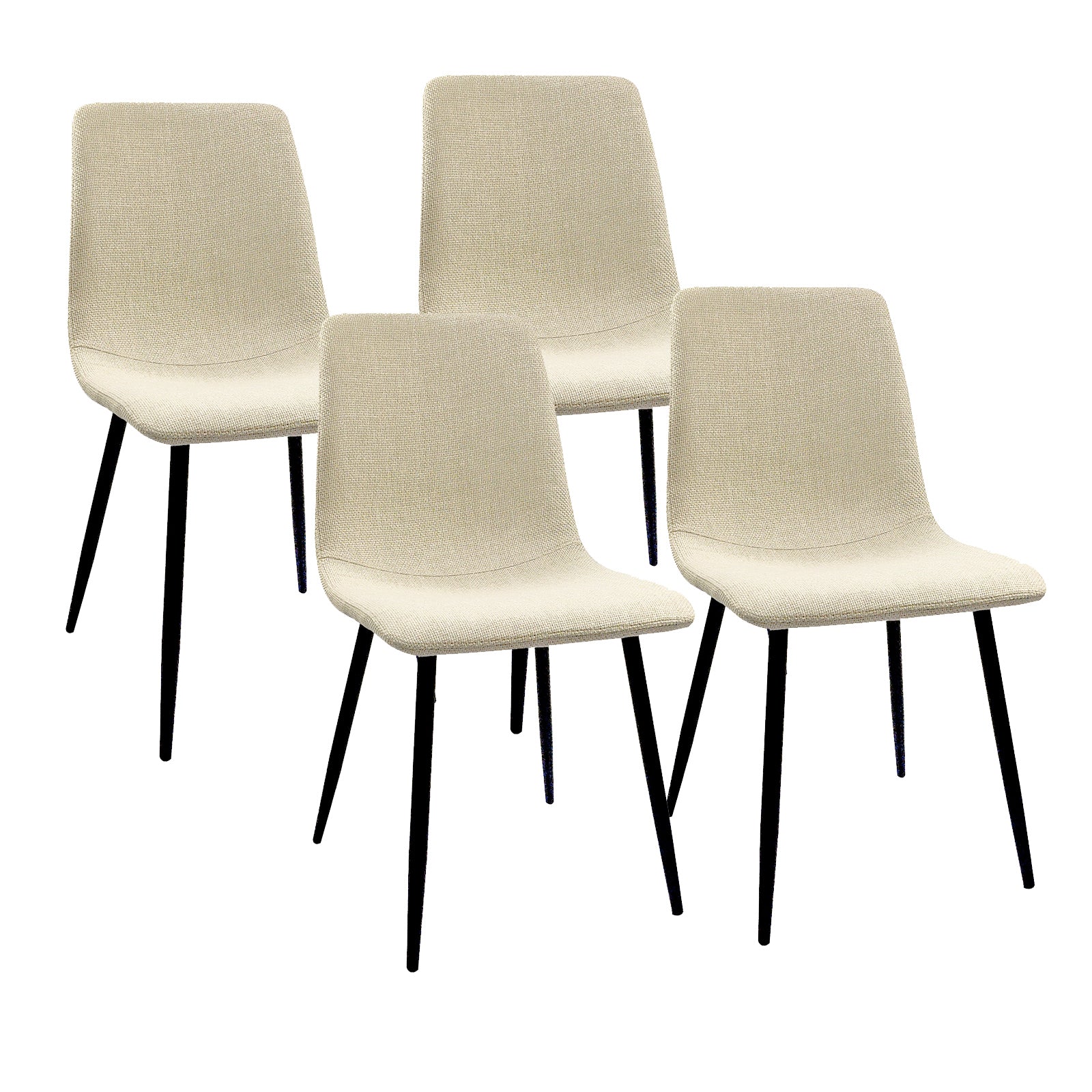 Set of four beige fabric dining chairs with sleek black metal legs