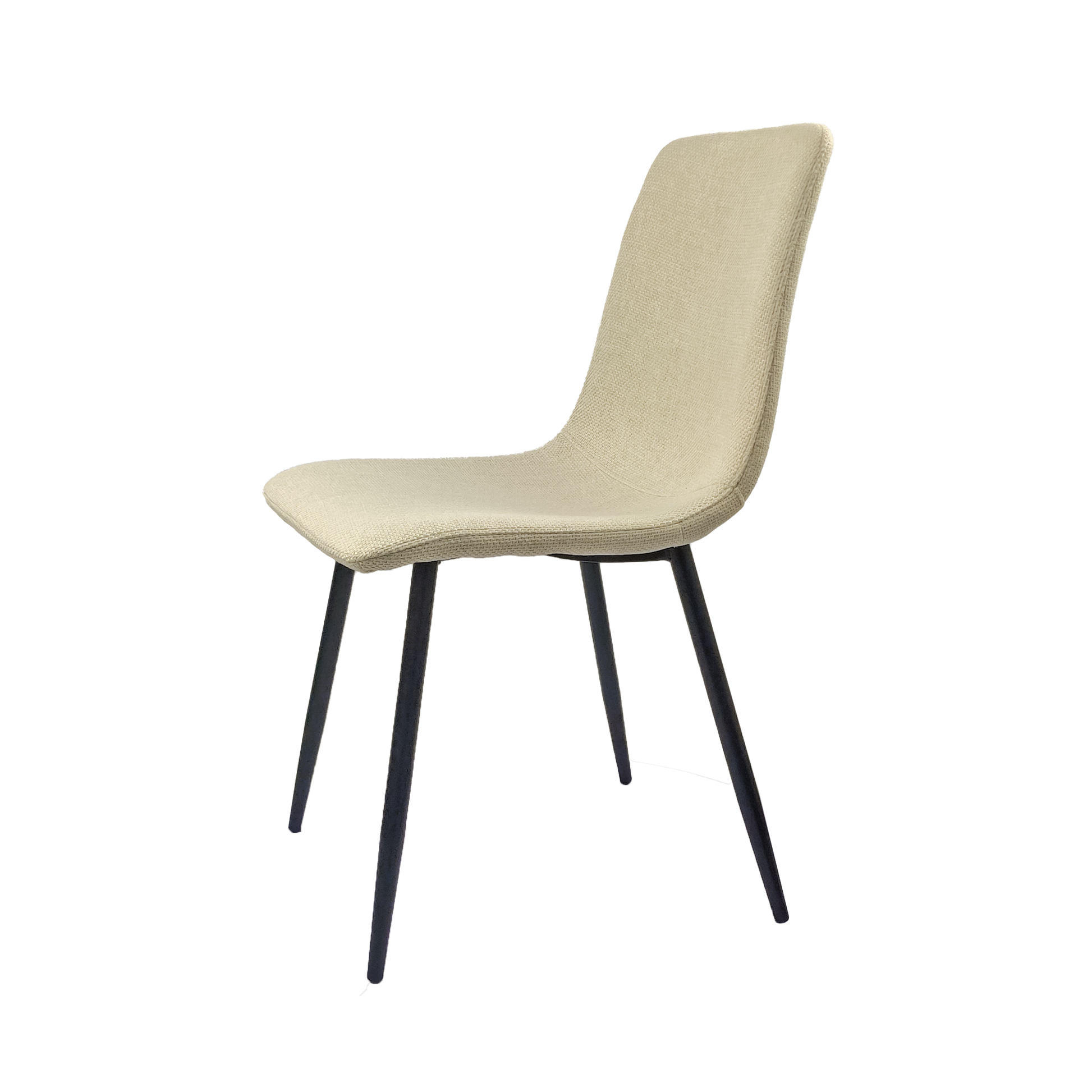 Beige upholstered dining chair with slender black metal legs