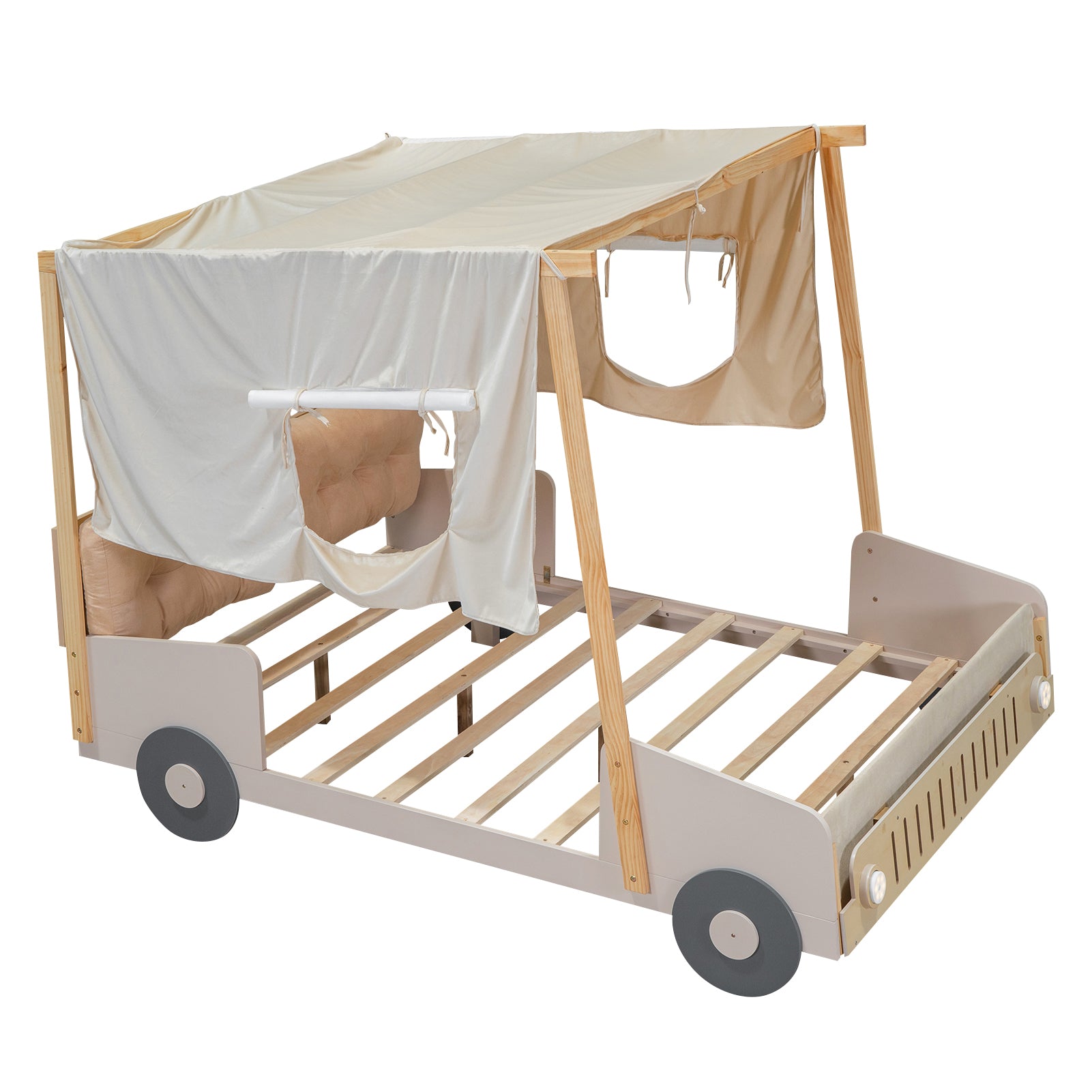 Wooden bed frame with canvas tent roof