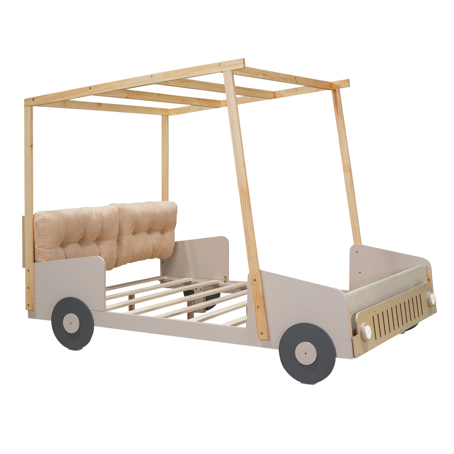 Wooden frame car bed with beige tufted headboard and grey wheels
