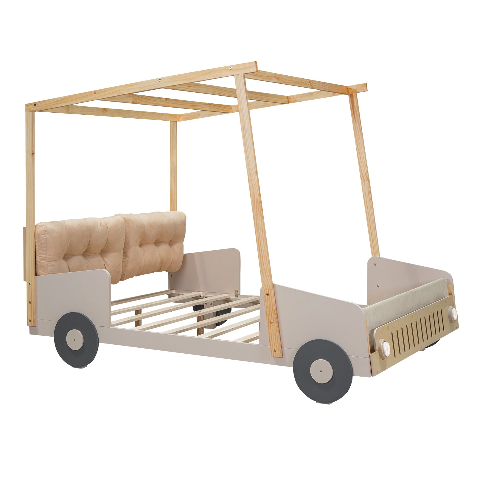 Wooden frame car bed with beige tufted headboard and grey wheels