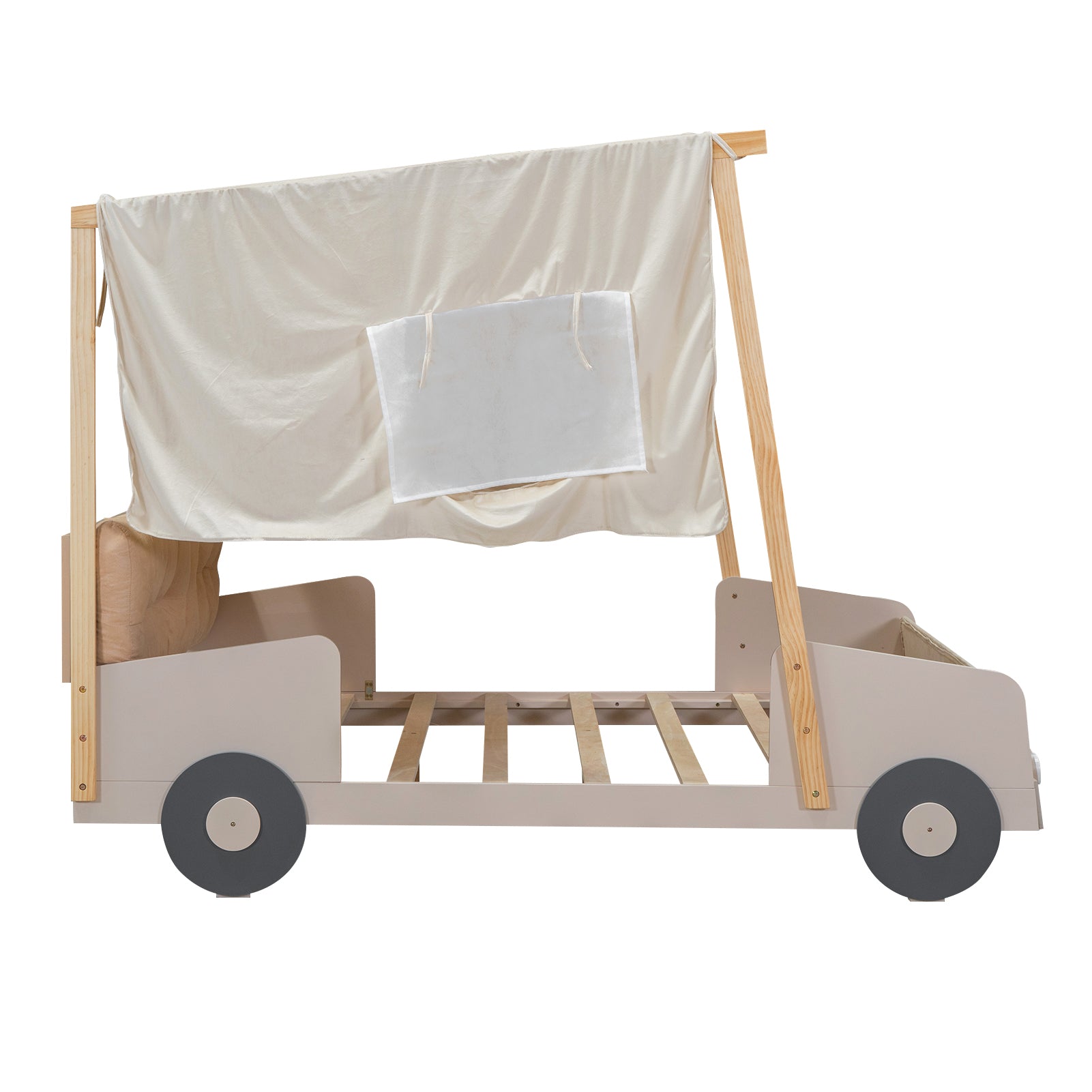 Grey wooden car bed frame with beige fabric canopy and mattress