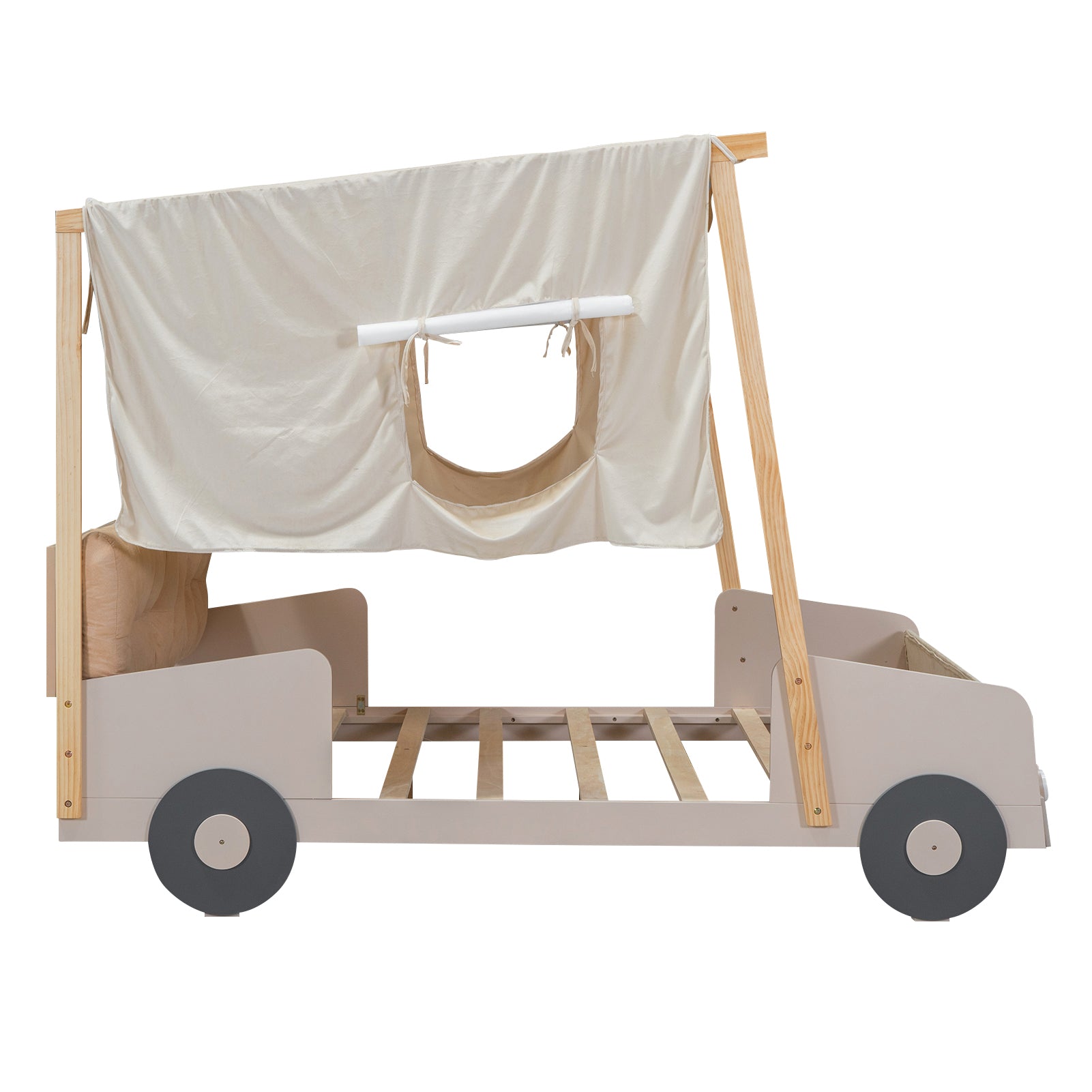 Grey wooden car bed with fabric canopy