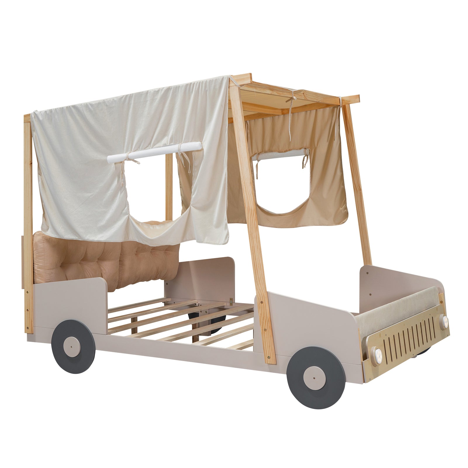 Grey camper van bed frame with fabric canopy and wooden posts