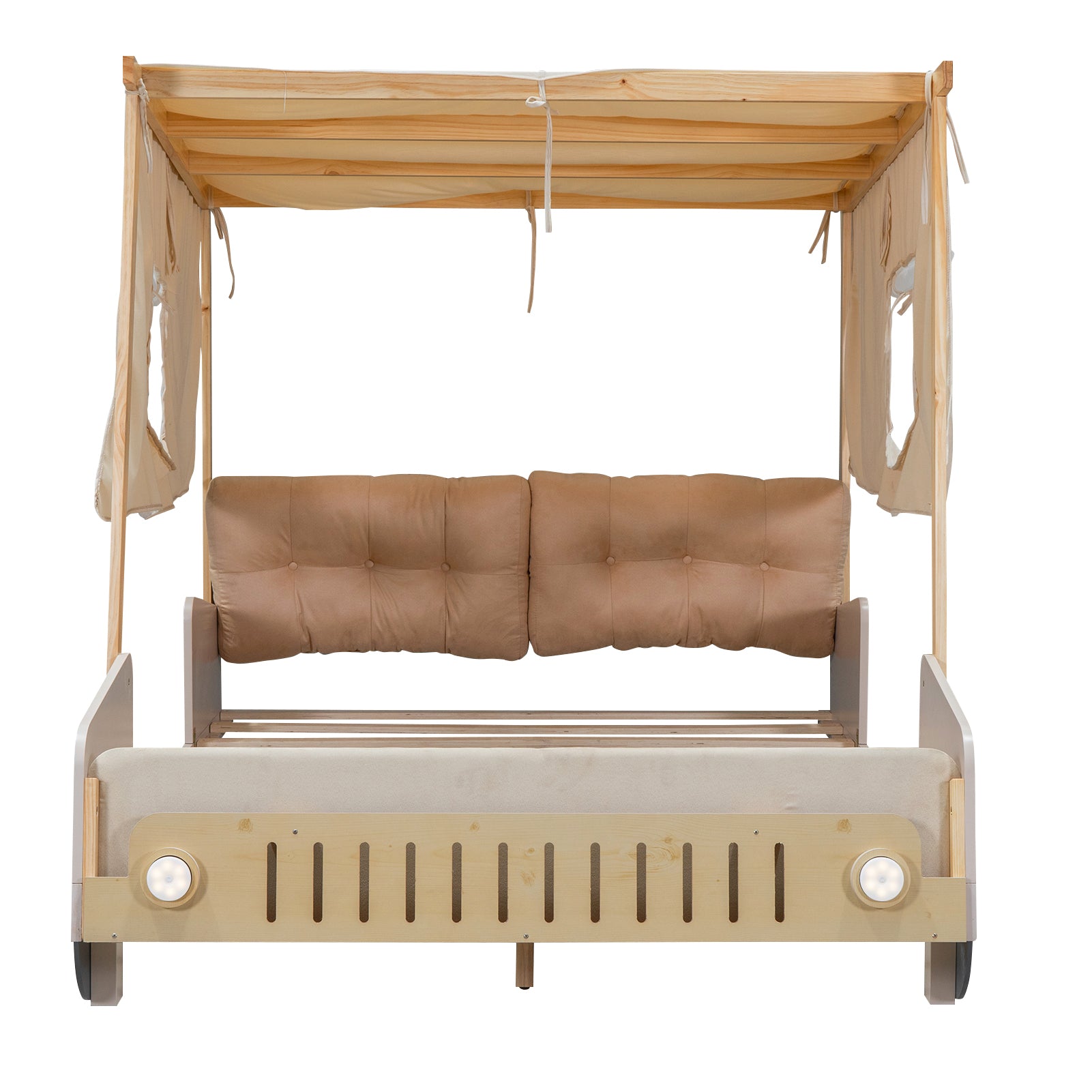 Childrens carthemed bed with beige canopy and tufted headboard