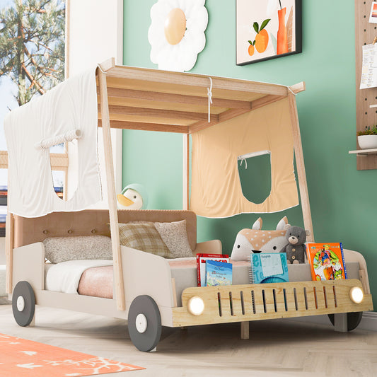 Wooden kids camper bed with beige canopy and grey wheels