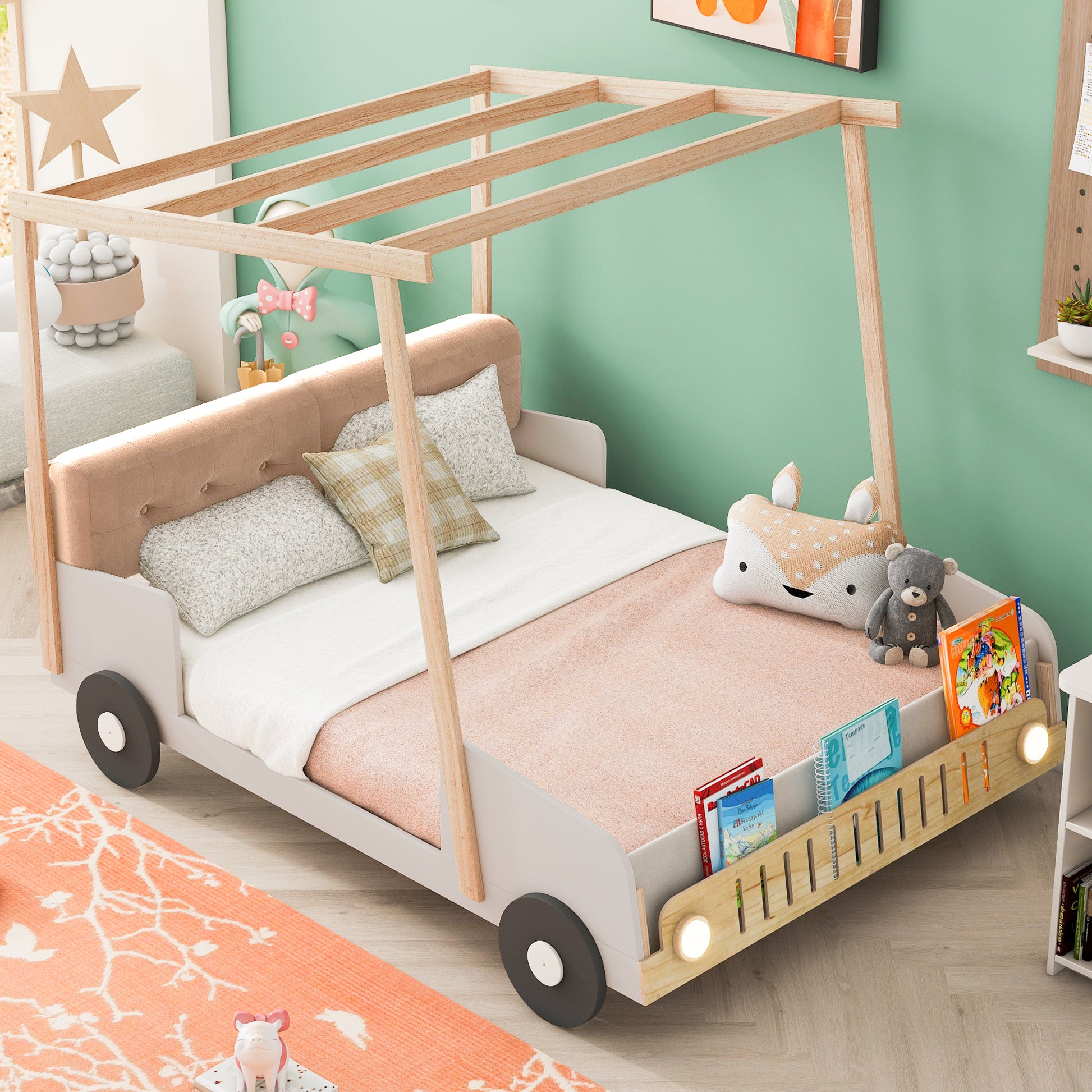 Wooden race car bed frame with light pink upholstery and integrated bookshelf
